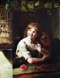 Deux filles avec un geai en cage